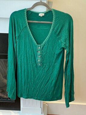 New POL Long Sleeve 5 Button Henley Shirt with Lace Trim & Bell Sleeves